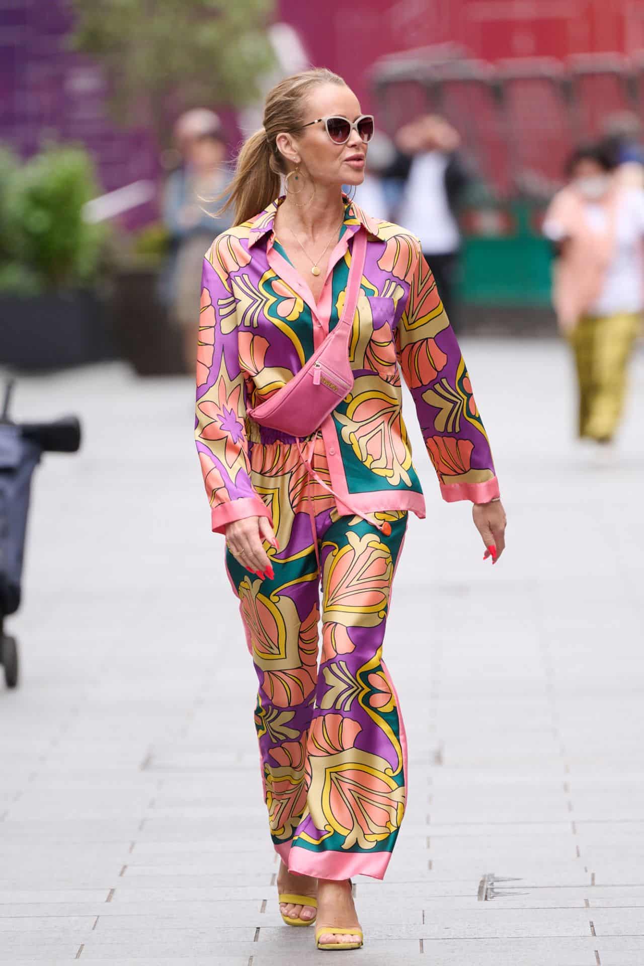Amanda Holden Leaves Global Radio in London in Colorful Outfit