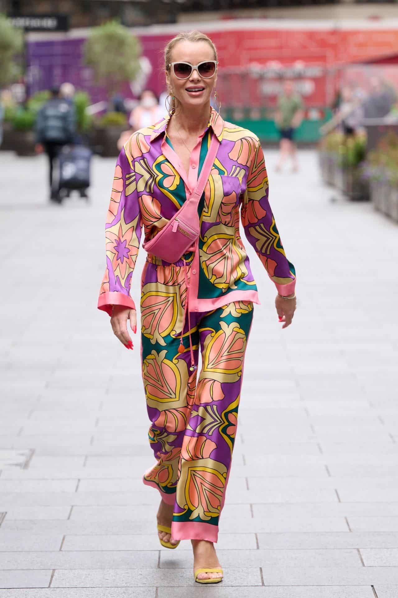 Amanda Holden Leaves Global Radio in London in Colorful Outfit