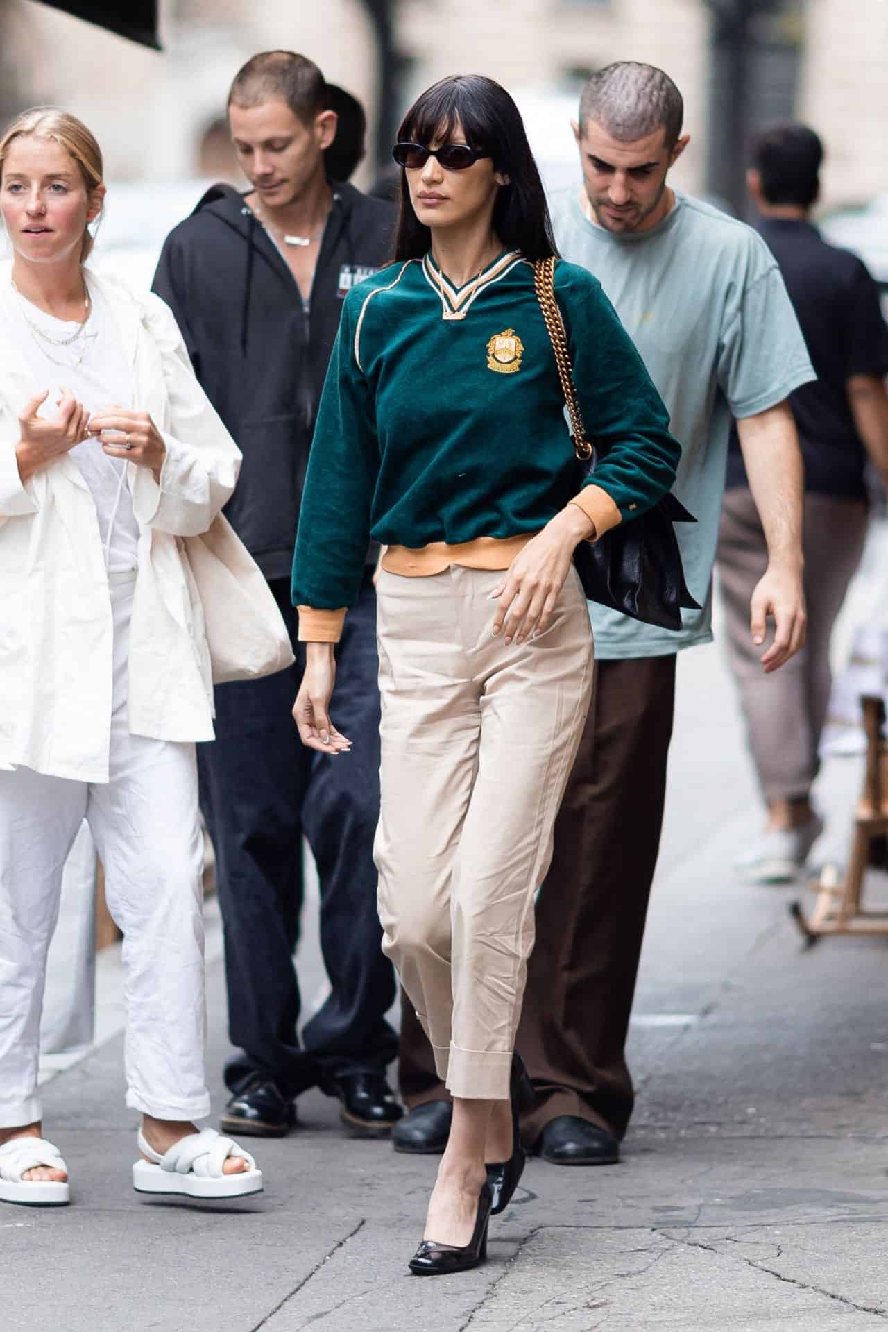 Bella Hadid Steps Out in Paris in a Green Top and Beige Pants 07/07/2022