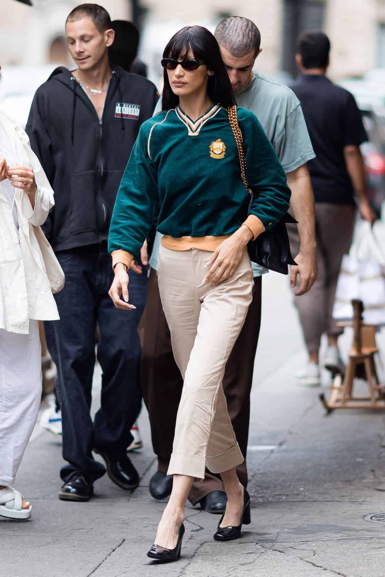 Bella Hadid Steps Out in Paris in a Green Top and Beige Pants 07/07/2022