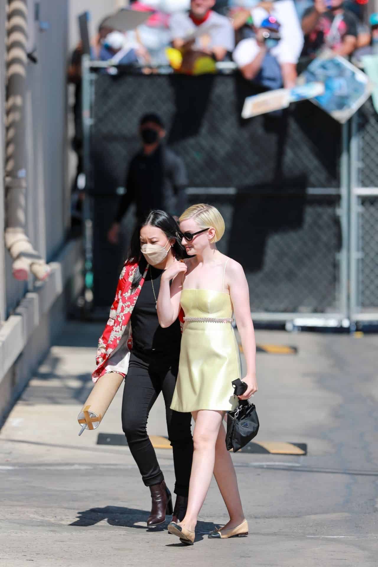 Julia Garner in a Gold Dress Arriving at the Jimmy Kimmel Show in Hollywood