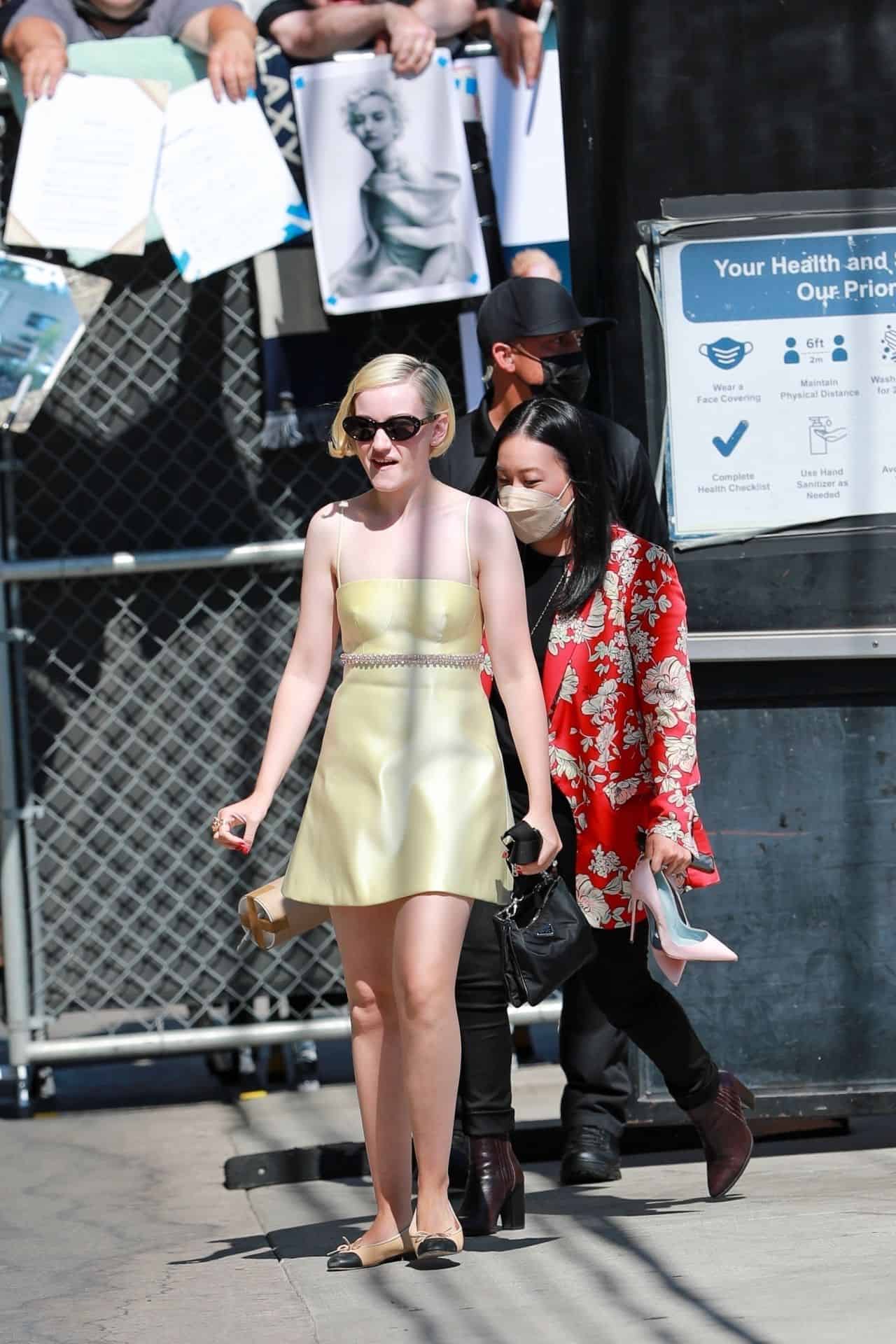 Julia Garner in a Gold Dress Arriving at the Jimmy Kimmel Show in Hollywood