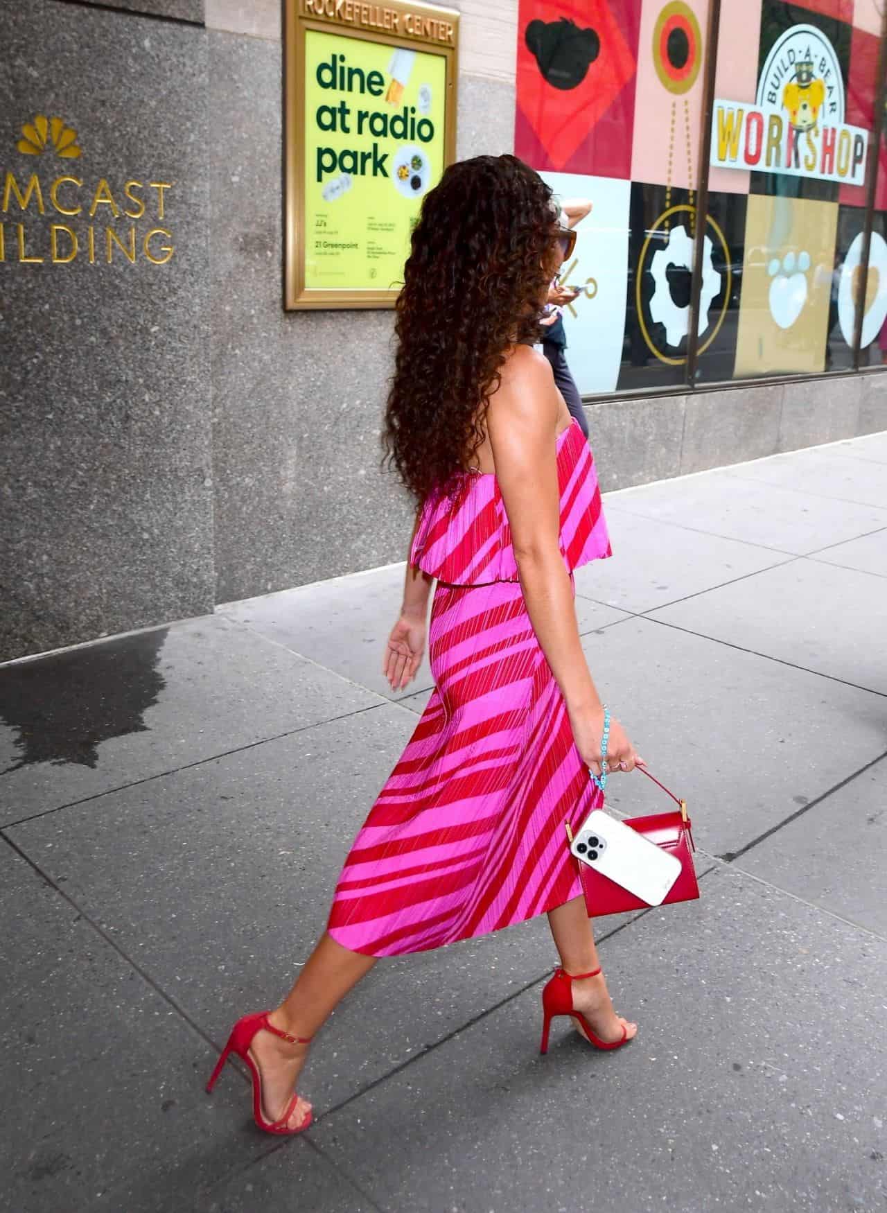 Sarah Hyland Looks Chic in an Asymmetrical Dress at SiriusXM Studios in NYC