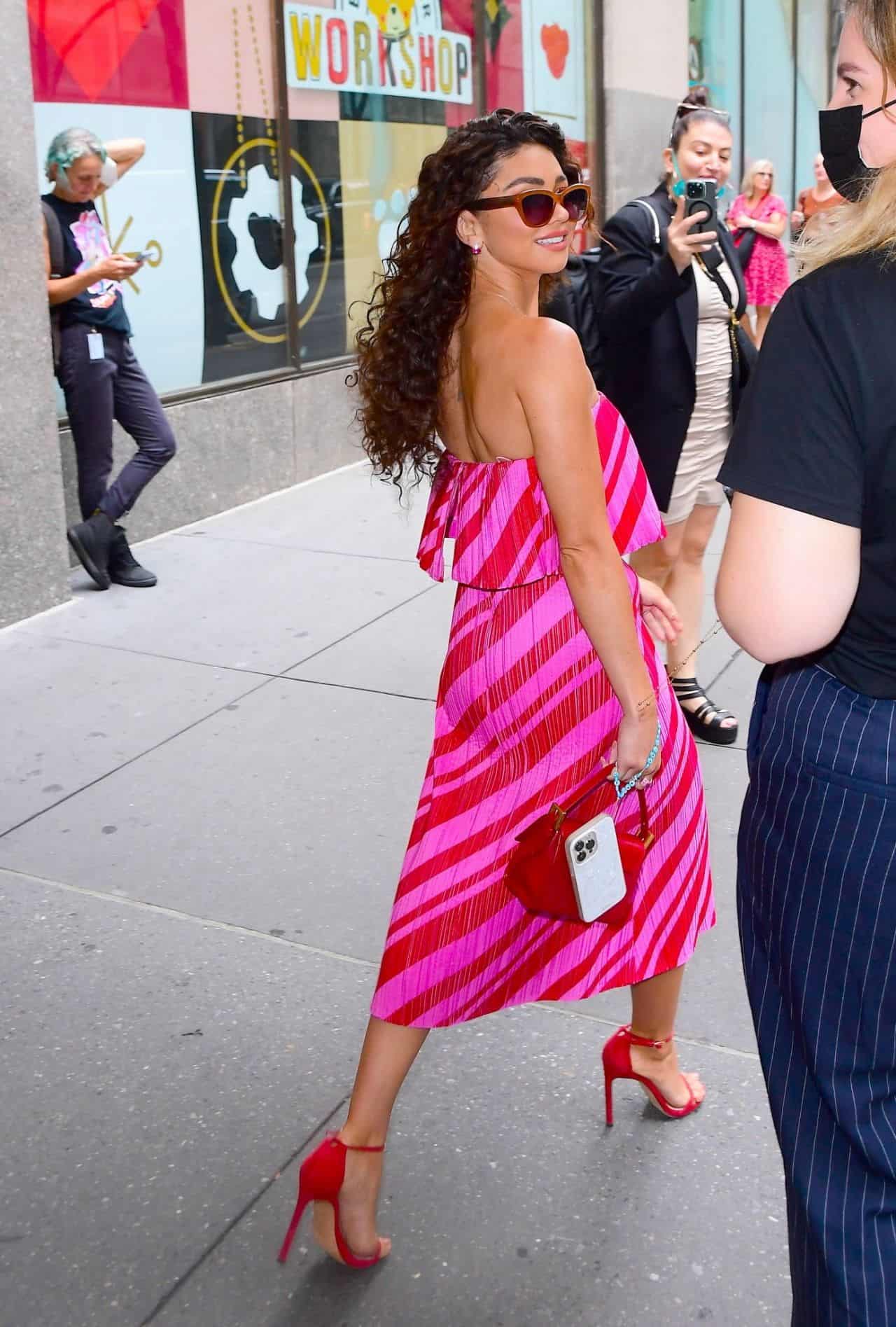 Sarah Hyland Looks Chic in an Asymmetrical Dress at SiriusXM Studios in NYC