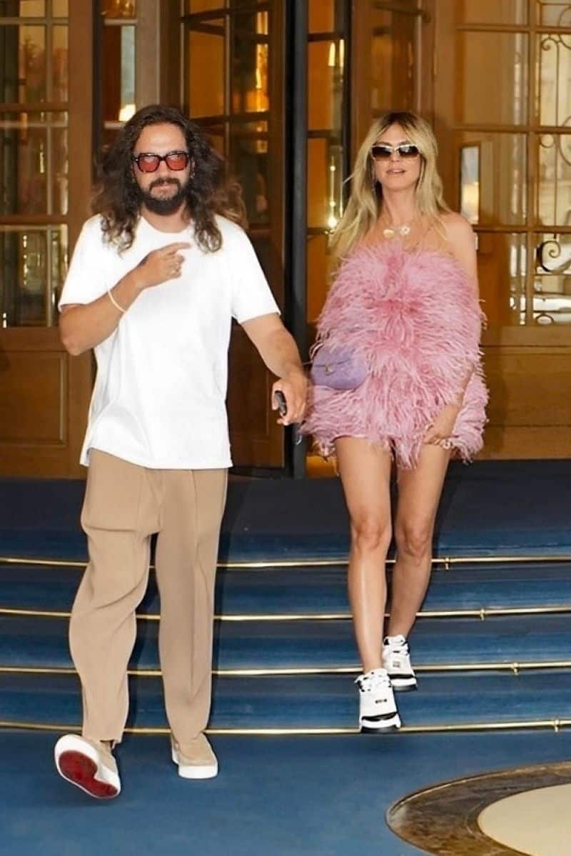 Heidi Klum Stuns in Feathered Pink Minidress - During Parisian Date Night - 1