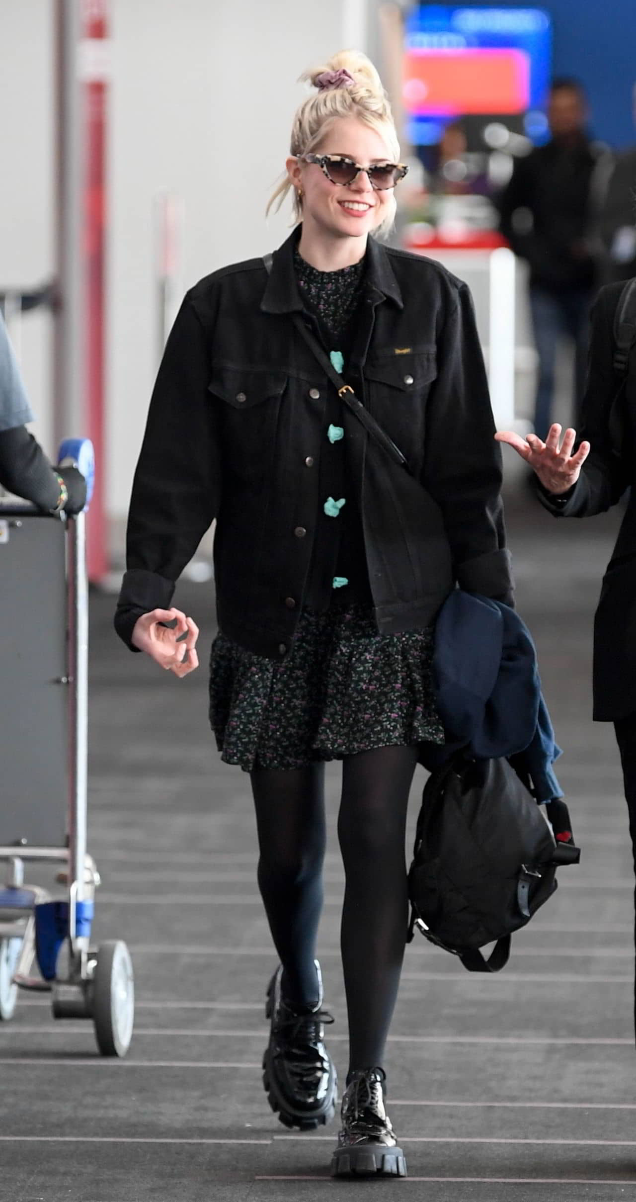 Lucy Boynton in a Black Denim Jacket and Floral Mini Dress, February 16, 2020 - 1