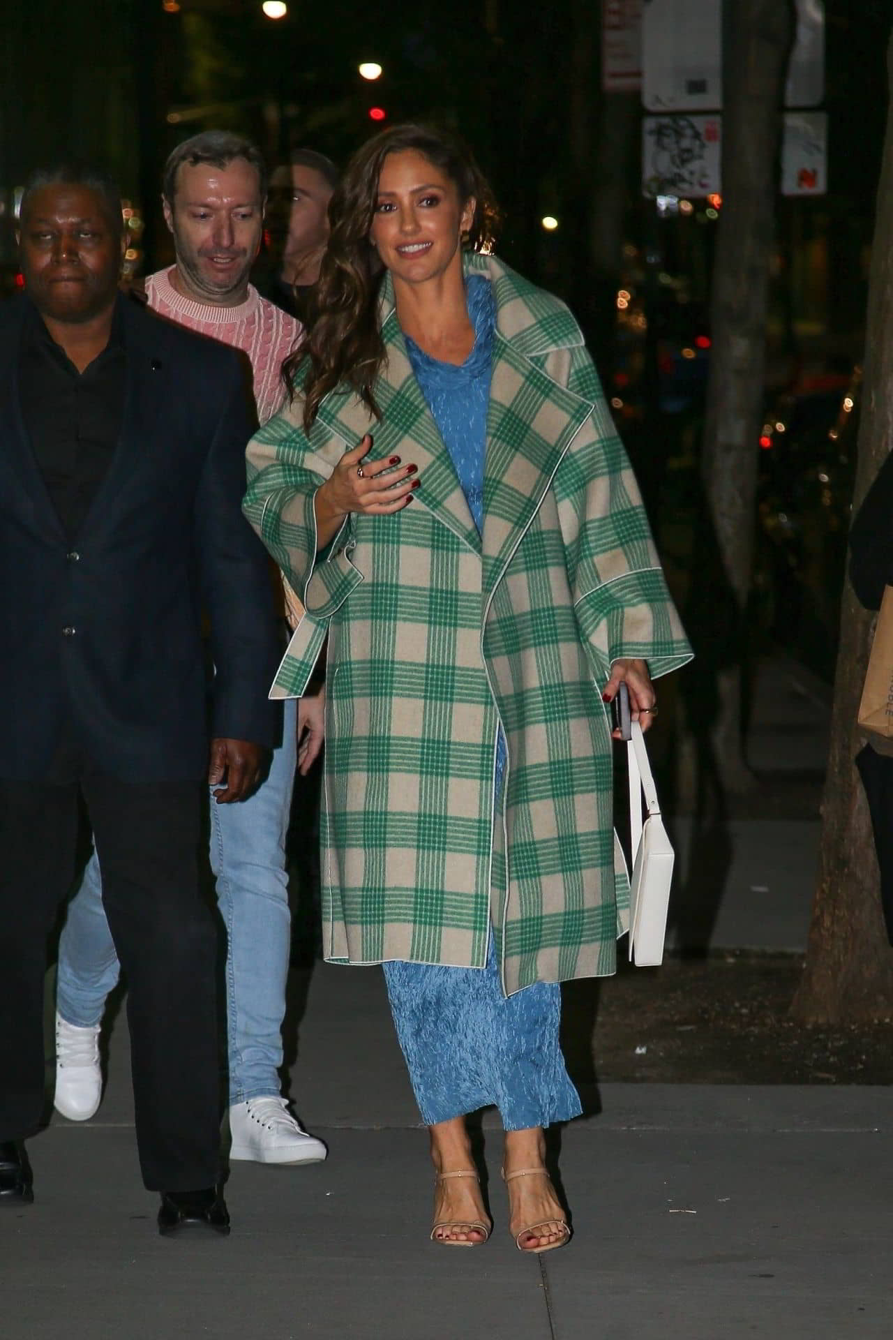 Minka Kelly Wears Her Blue Dress with a White and Light Green Coat and a White Bag in New York, May 2, 2023 - 1