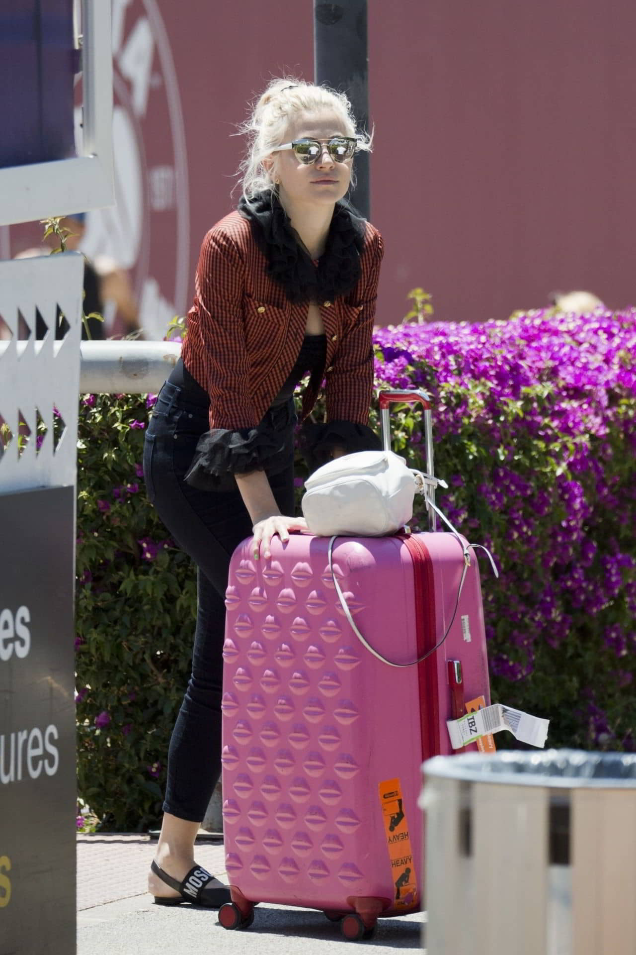 Pixie Lott in a Patterned Mini Jacket and Moschino Flip Flops at Airport in Ibiza, May 30, 2019 - 1