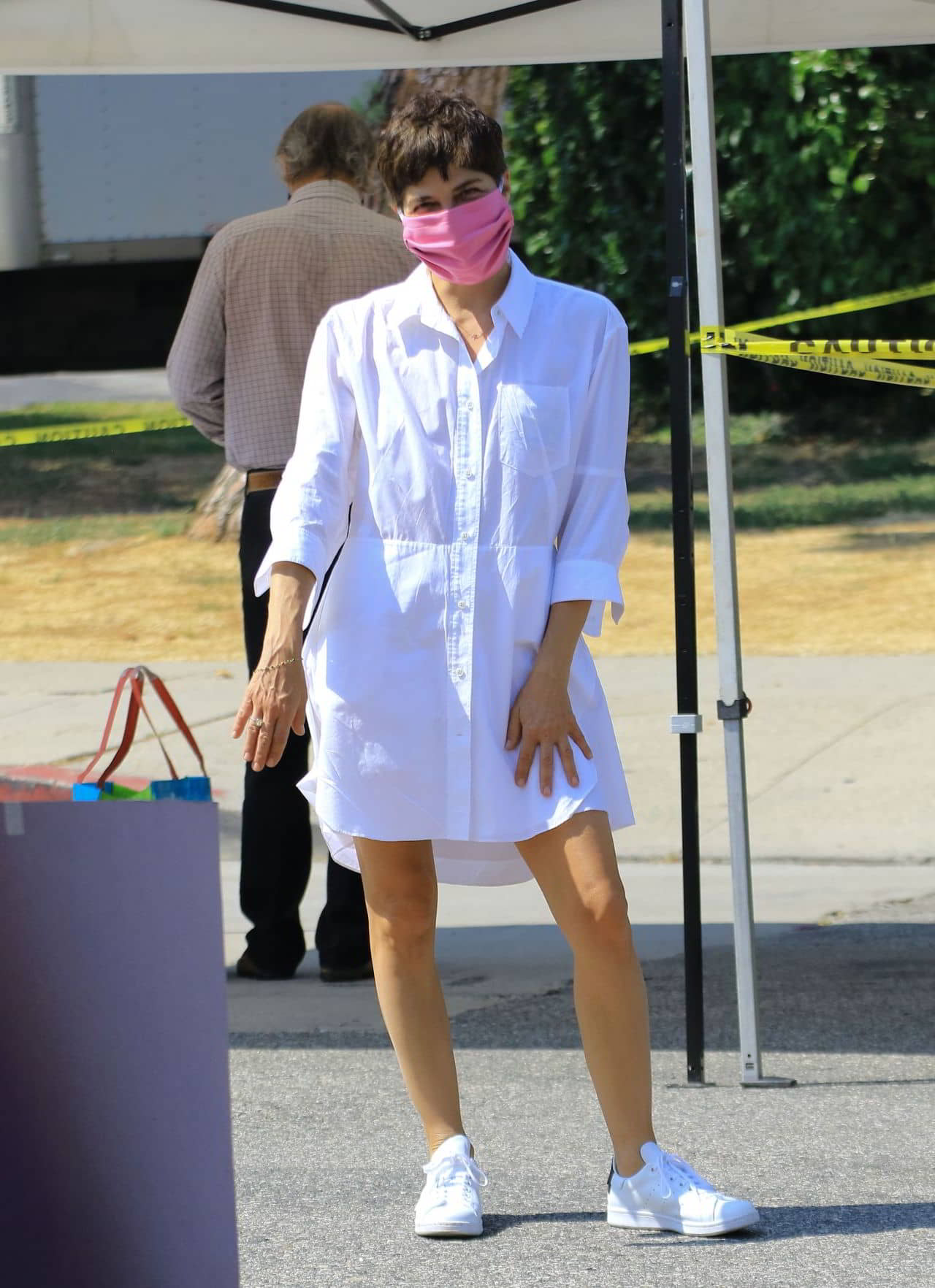 Selma Blair in White Shirt Dress and Pink Face Mask, July 5, 2020 - 1